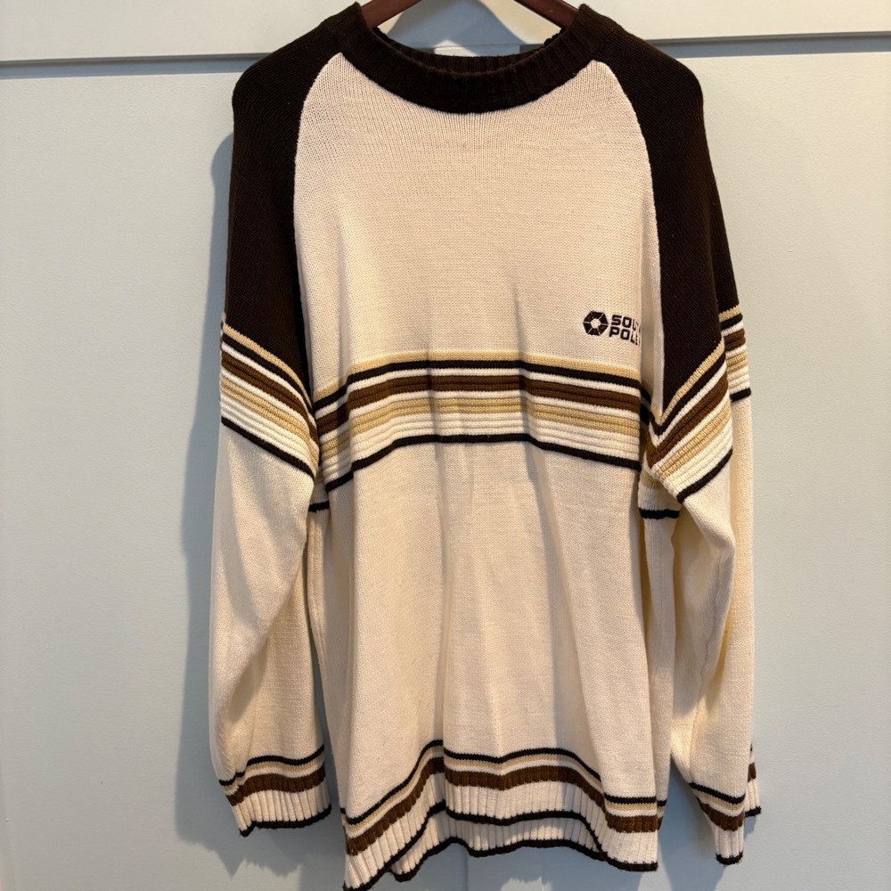 Southpole Y2K Striped Knit Sweater Mens Large Cream Brown Earth Tones Streetwear